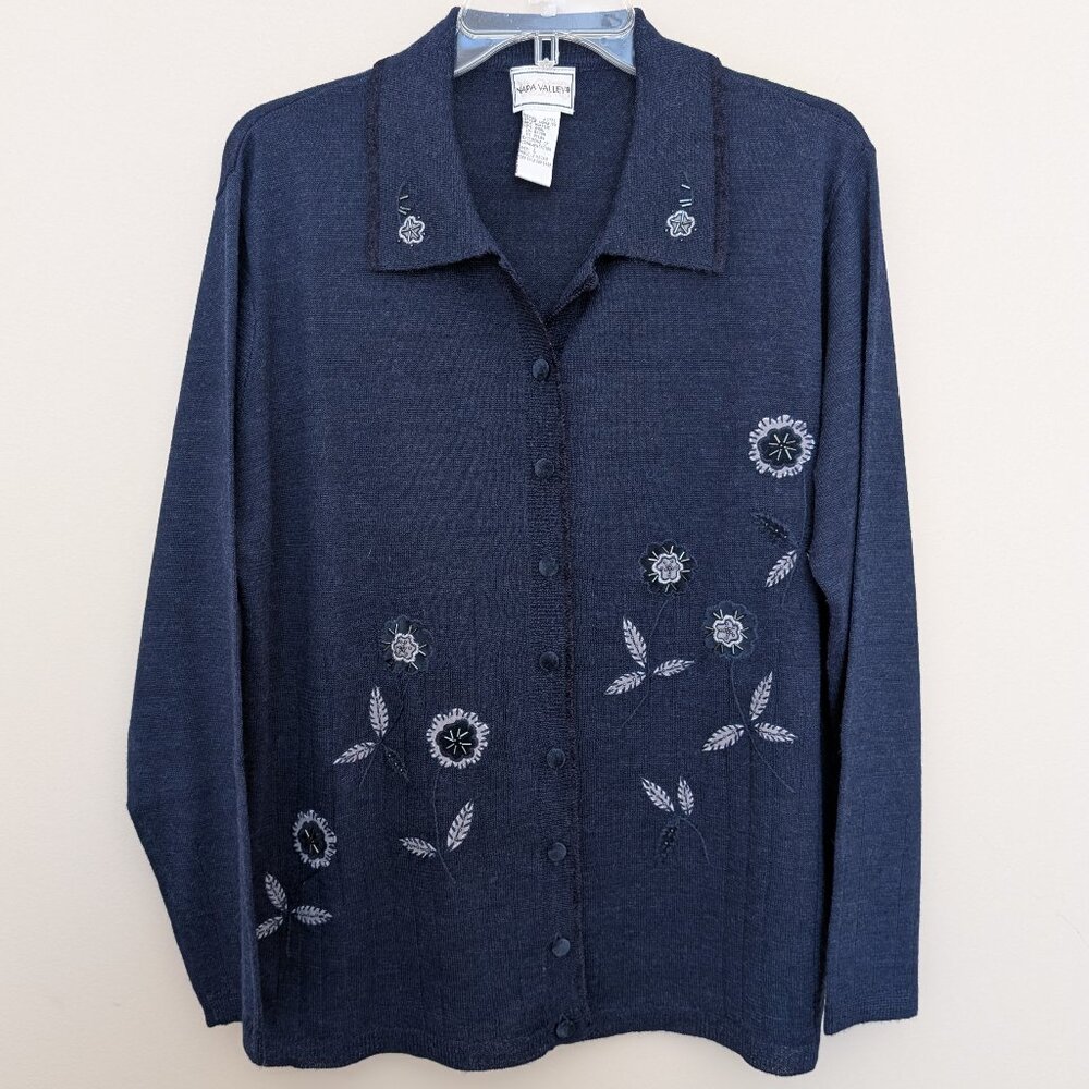 VINTAGE Napa Valley blue beaded floral button up lightweight cardigan Large EUC